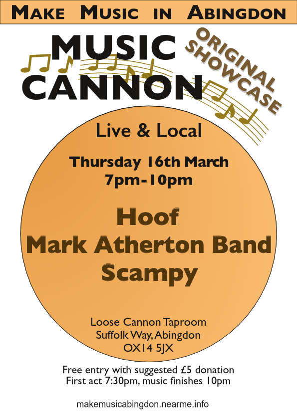 Cannon Showcase, March 16th 2023 at Loose Cannon Brewery, featuring Hoof, The Mark Atherton band and Scampy.